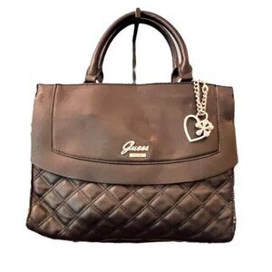 VTG Guess Black Faux Leather Monogram Purse Satchel Handbag Bag‎ Charm Quilted